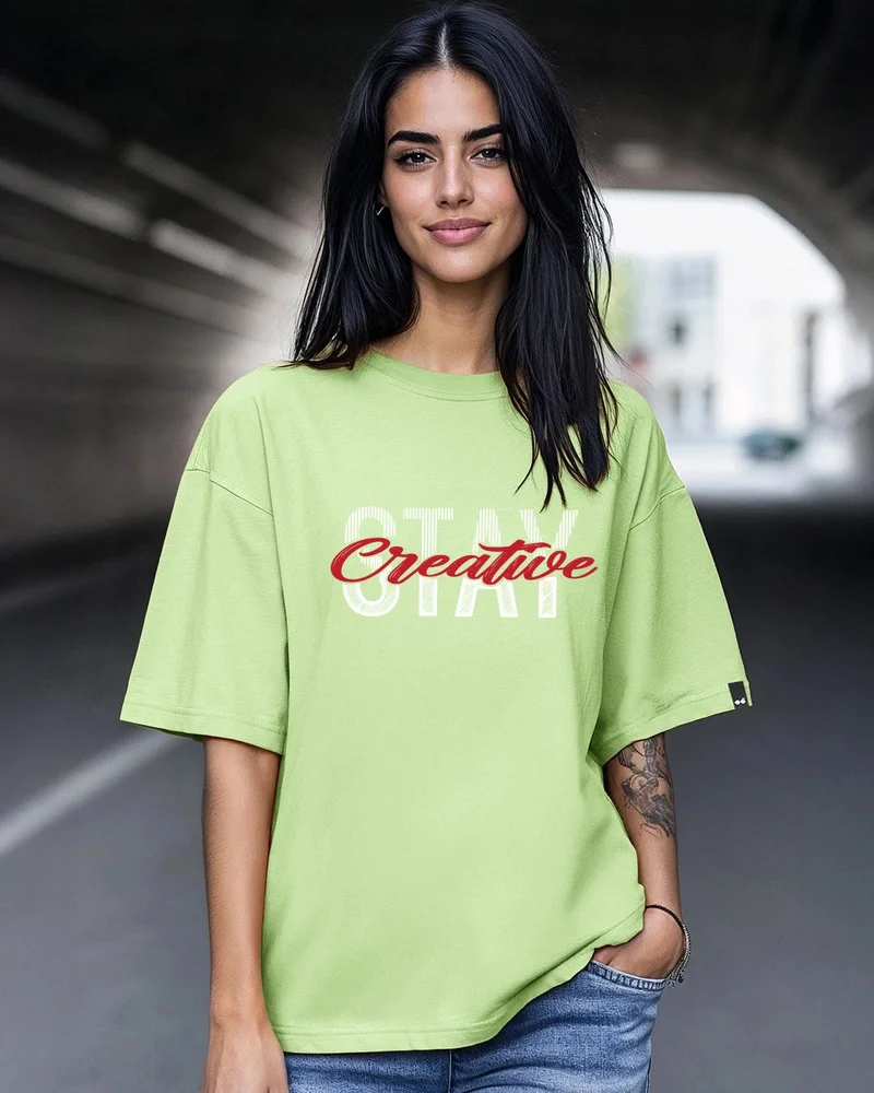 bewakoof Women's Jade Lime Green Stay Creative Typography Oversized T-shirt